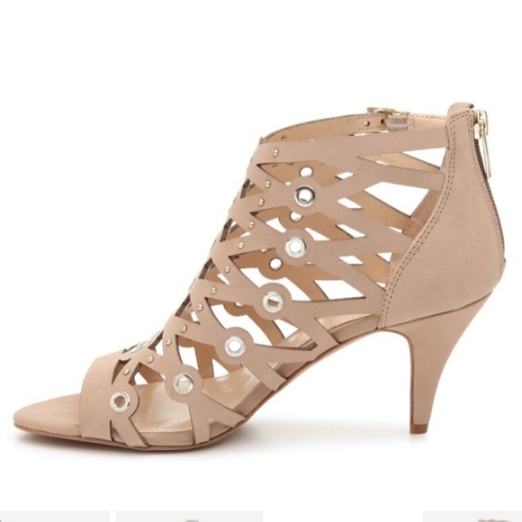 Vince Camuto Mallena Heel 6M Nubuck Leather Grommet Studded Caged 3.25” Sandal - Picture 2 of 9